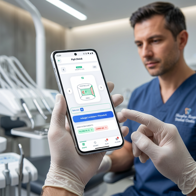 Doctor verificând fișa clinică FDI pe smartphone